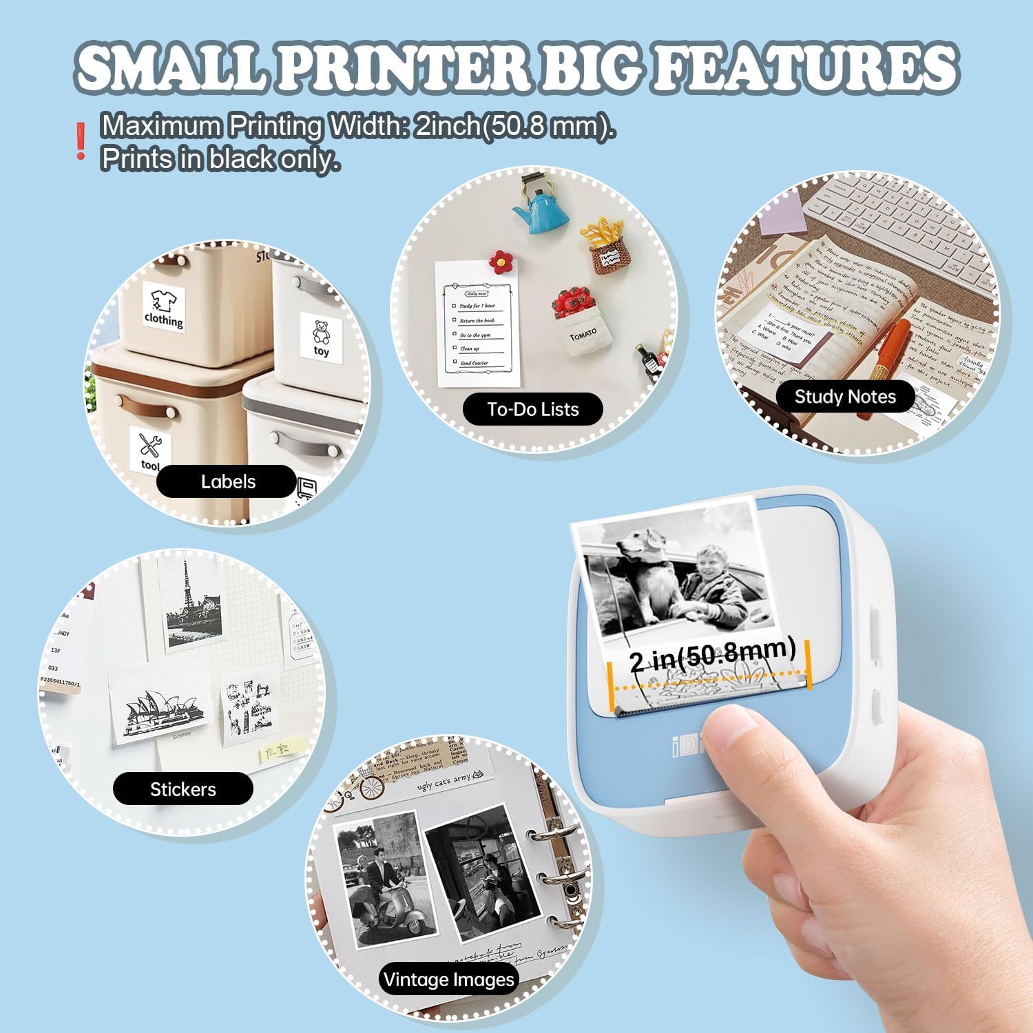 Mini Sticker Printer - S1 Portable Sticker Maker Machine with 1 Roll Sticker Paper, Bluetooth Print Pods Pocket Printer for Study Notes, Graphics, Students, Kids Gift, Free App, Blue