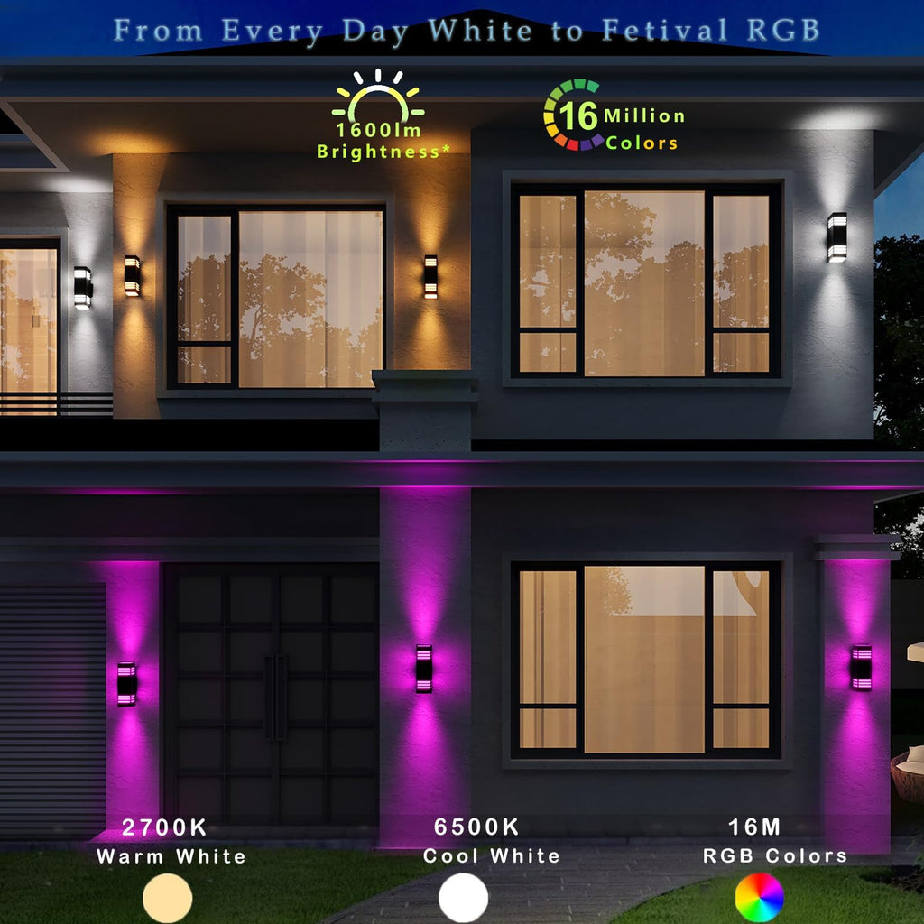 Smart Outdoor Sconce Lights 2 Pack, Up Down Wall Porch Lights RGB Color Changing WiFi APP Control, Dimmable LED Exterior Wall Lighting Fixtures Work with Alexa,No Hub Required,ETL Listed