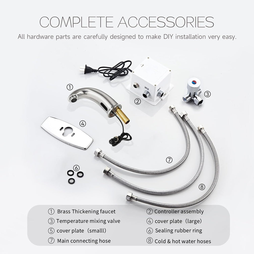 Touchless Bathroom Sink Faucet Automatic Motion Sensor Hands Free Faucet with Hole Cover Plate and Temperature mixing water valve,Commercial Solid Brass Faucet,1 Hole or 3 Hole, AC/DC Powered (Nickel)