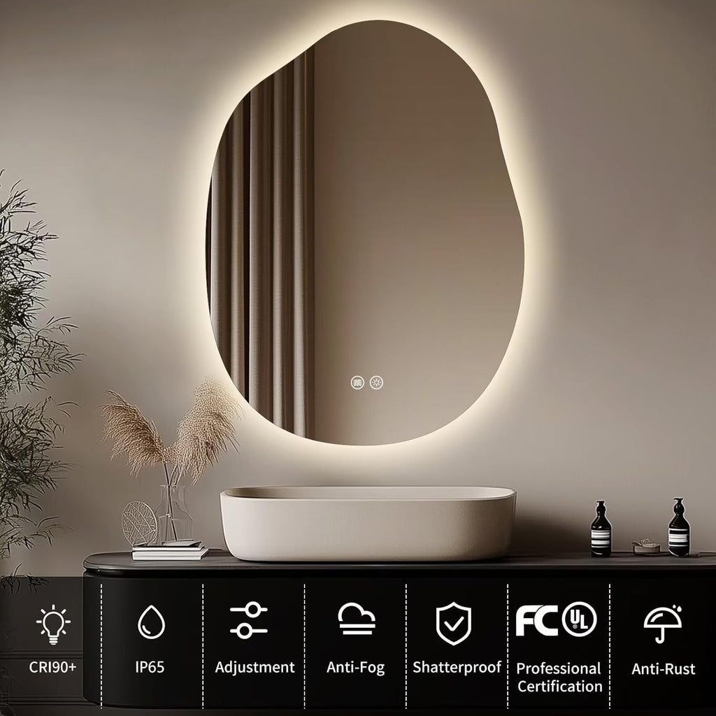 LED Bathroom Mirror with Lights 24x32, Stepless Dimmable Irregular Backlit Mirror with 3 Colors, Anti-Fog, Memory, Al-Alloy Lampshade, Frameless Smart Mirror for Bathroom (Horizontal/Vertical)
