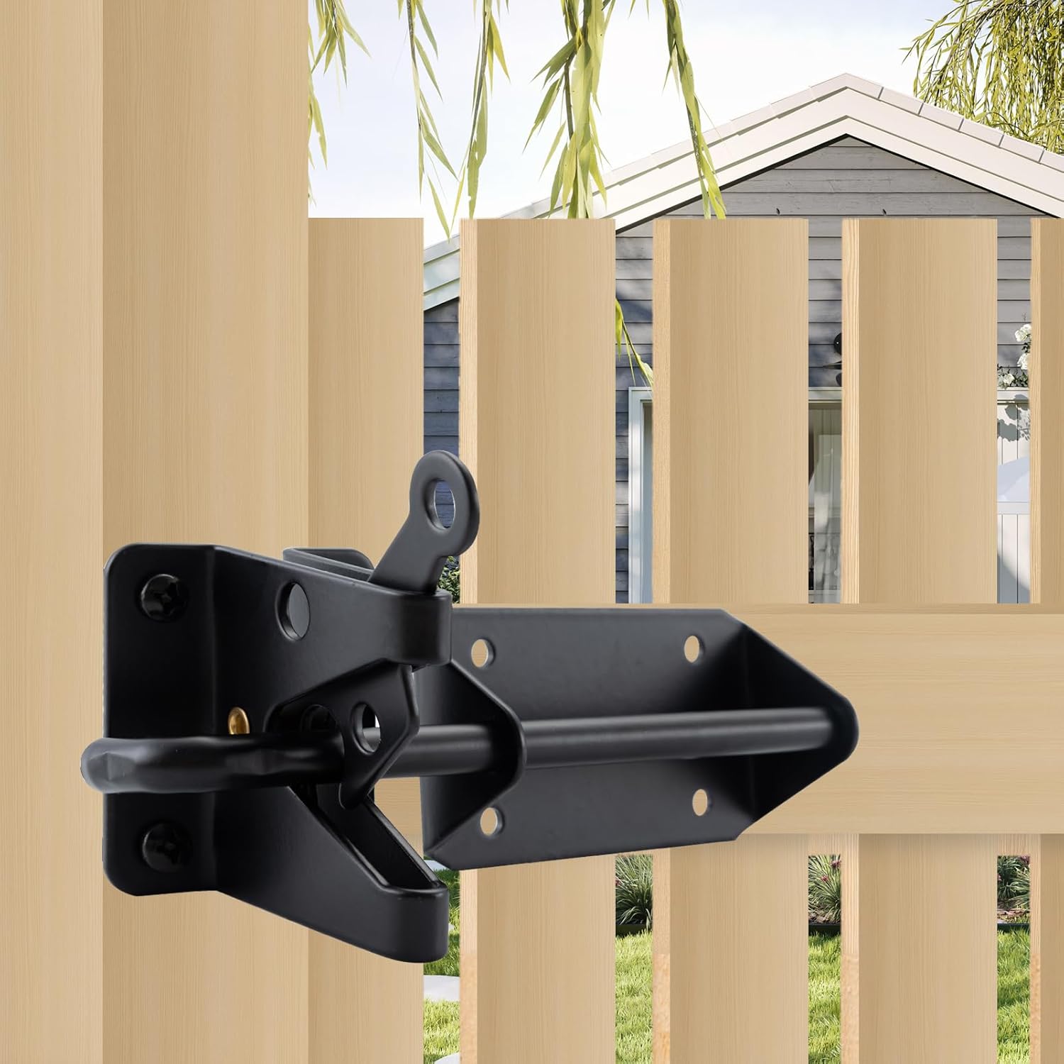HOME MASTER HARDWARE Heavy Duty Automatic Gate Latch for Wooden Fence, 7-1/2" Black Self Locking Door Latches, Security Latches Hardware for Wood Gates, Vinyl Fence, Garden and Metal Gates