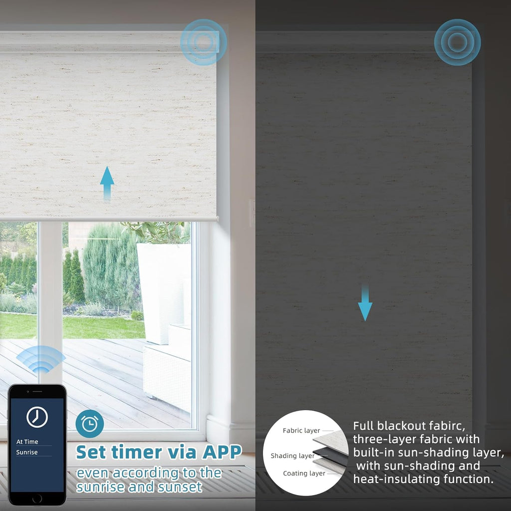 SmartWings Motorized Smart Blinds with Remote, Custom Automatic 100% Blackout Roller Shade Compatible with Alexa/Homekit/Google, Electric Smart Blinds for Indoor Windows, Linen White