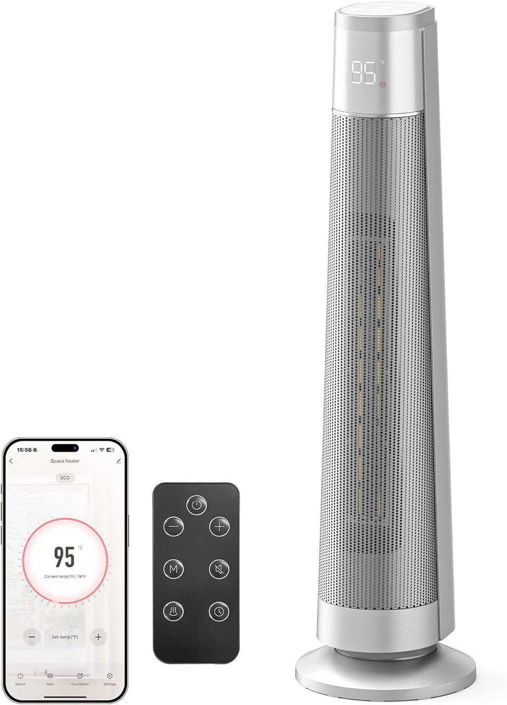 1500W PTC Ceramic Smart Space Heaters for Indoor Use, Portable Heater with Remote & App Control for Large Room, Office, ECO Modes, Safety Protection, 70° Oscillation, 12H Timer, Silver, 1 Pack