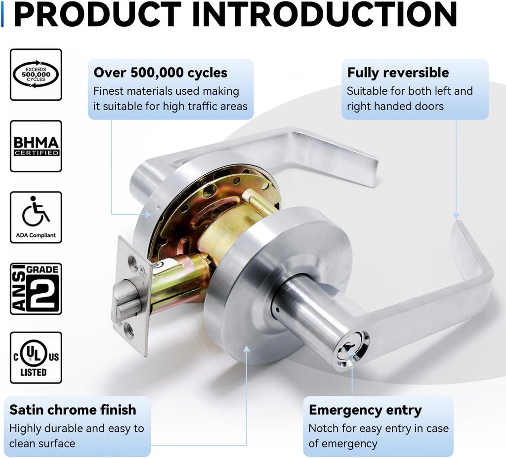 BSEED Storeroom Commercial Door Lever Lock, Heavy Duty Grade 2 Lever Handle, ADA Compliant, UL 3 Hour Fire Rated, Non-Handed, Satin Chrome Finish, 2-3/4" Backset for Storage & Utility Doors
