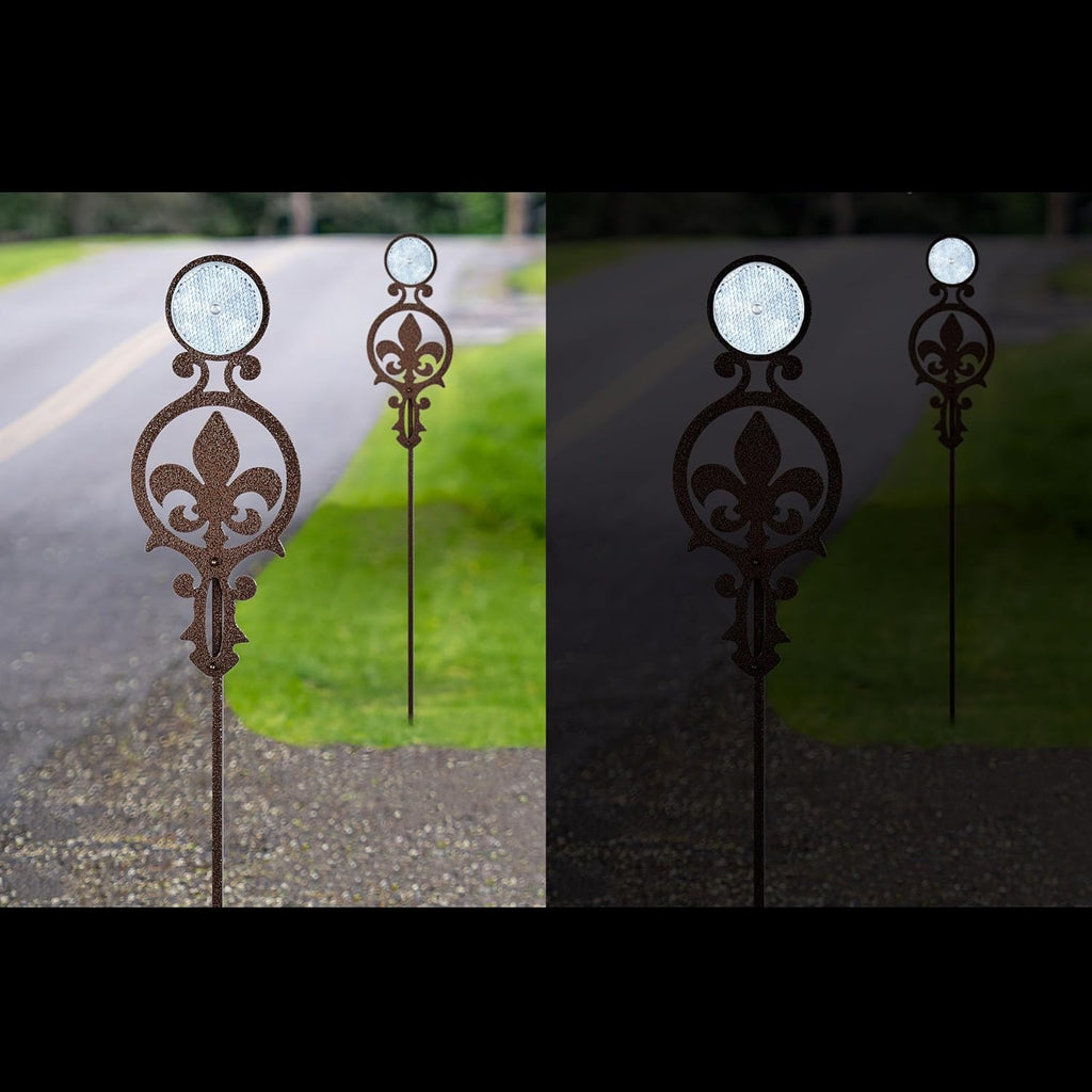 Touch of Class Pathways Reflective Driveway Marker Stake Set of Two for Outdoor Use | Fleur-de-Lis Emblem Design | Personalized Tall Reflector Set of 2 | Weathered Bronze Durable Finish