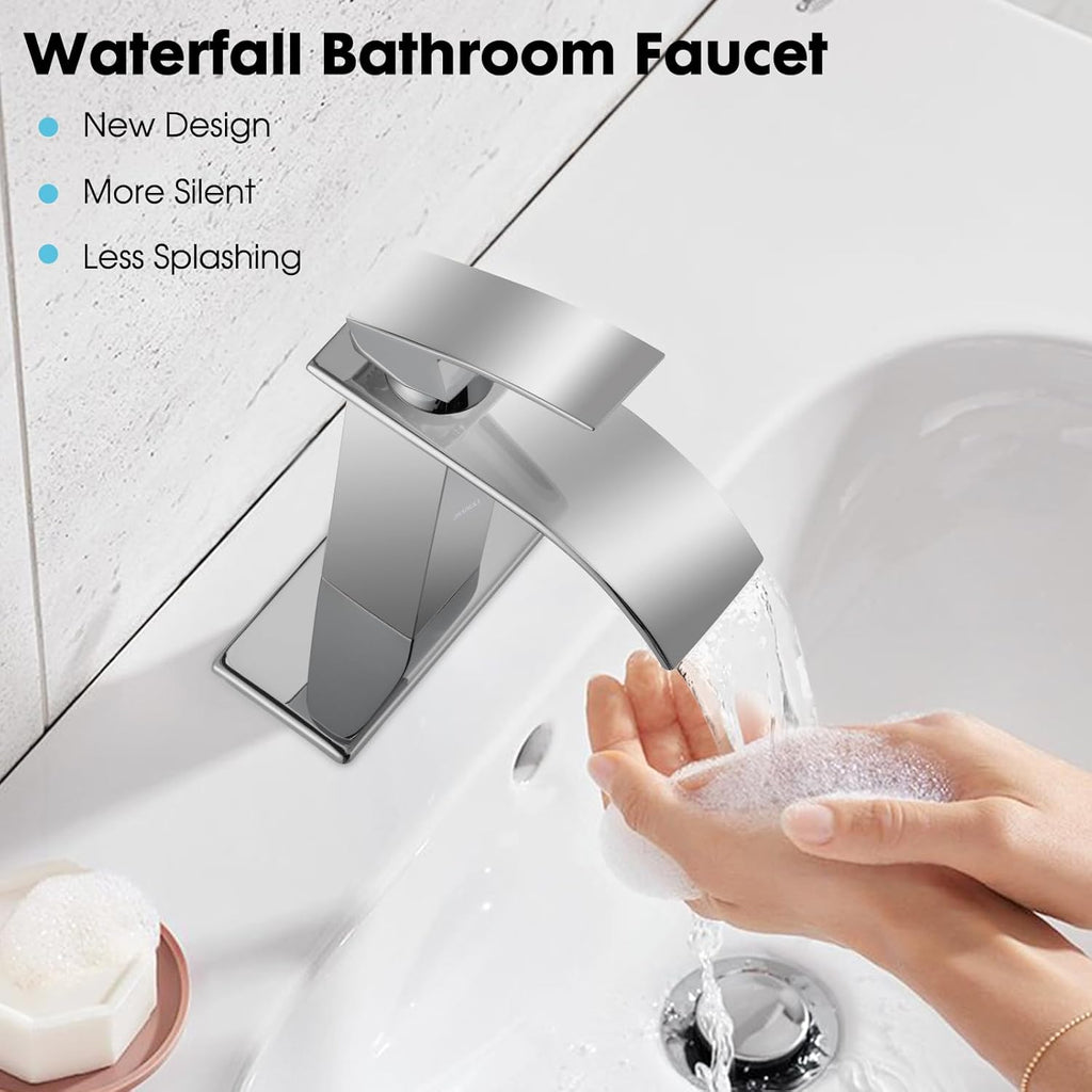 Waterfall Bathroom Faucet, Modern Bathroom Sink Faucet Suit for 1&3 Hole,Single Handle Commercial Sink Faucet,Chrome