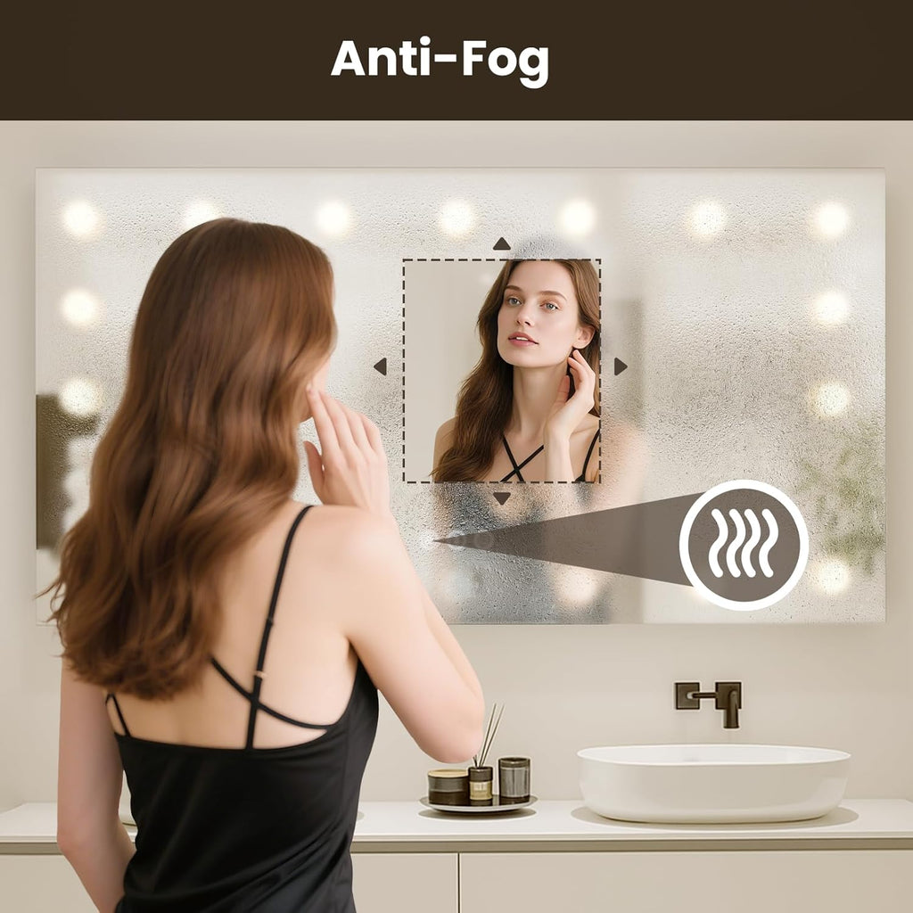 WTTY LED Bathroom Mirror with Lights 48"x36" Hollywood Wall-Mounted Mirror with 3 Color Temperatures, Stepless Dimmable Bulbs, Anti-Fog & Shatter-Proof