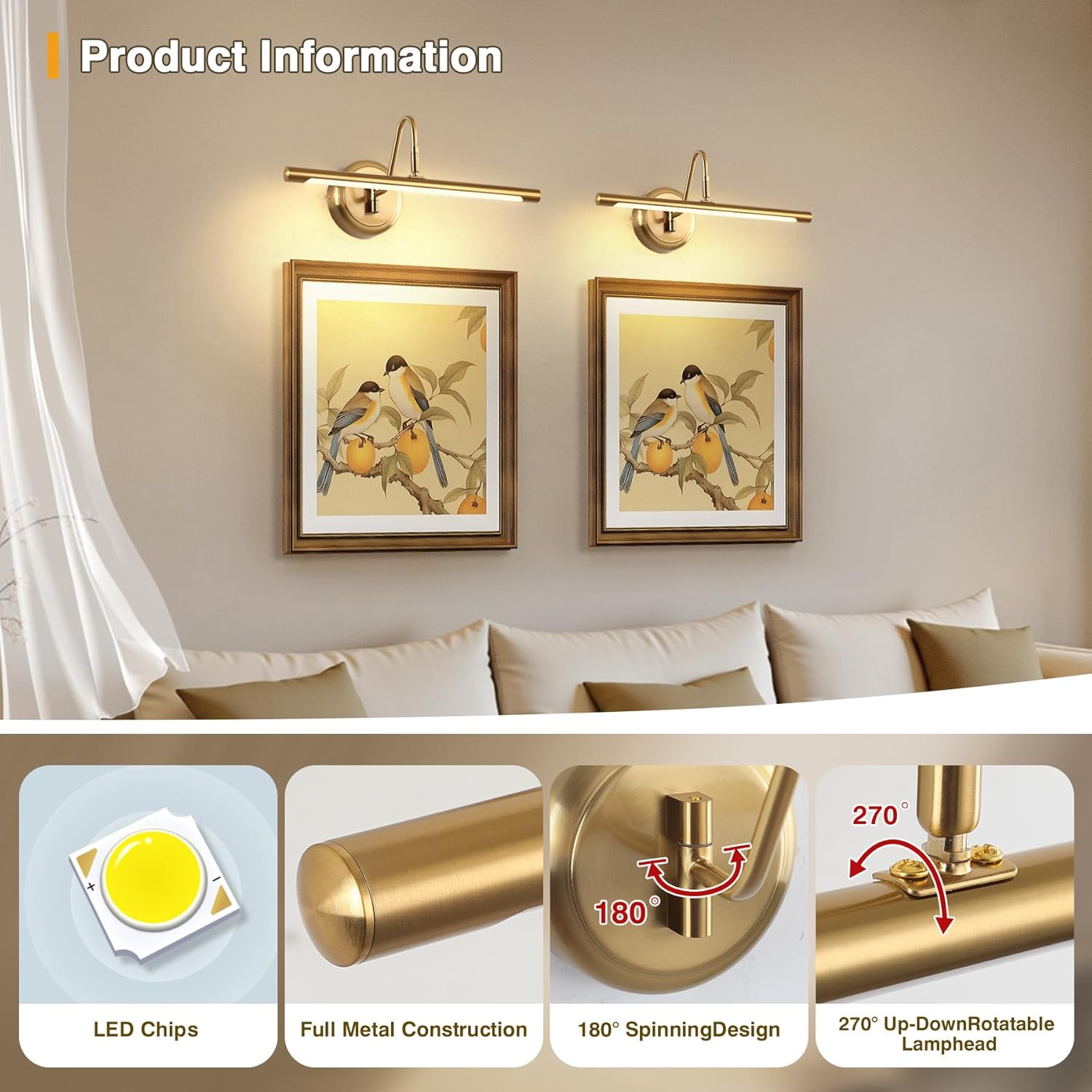 JOOSENLUX Modern Brass Picture Light Hardwired - 16.54'' for Wall Painting and Artwork Display - 7W LED Wall Lights(45W Eqv.) - Warm White 3000K - Hard Wired Connection with Swing Arm