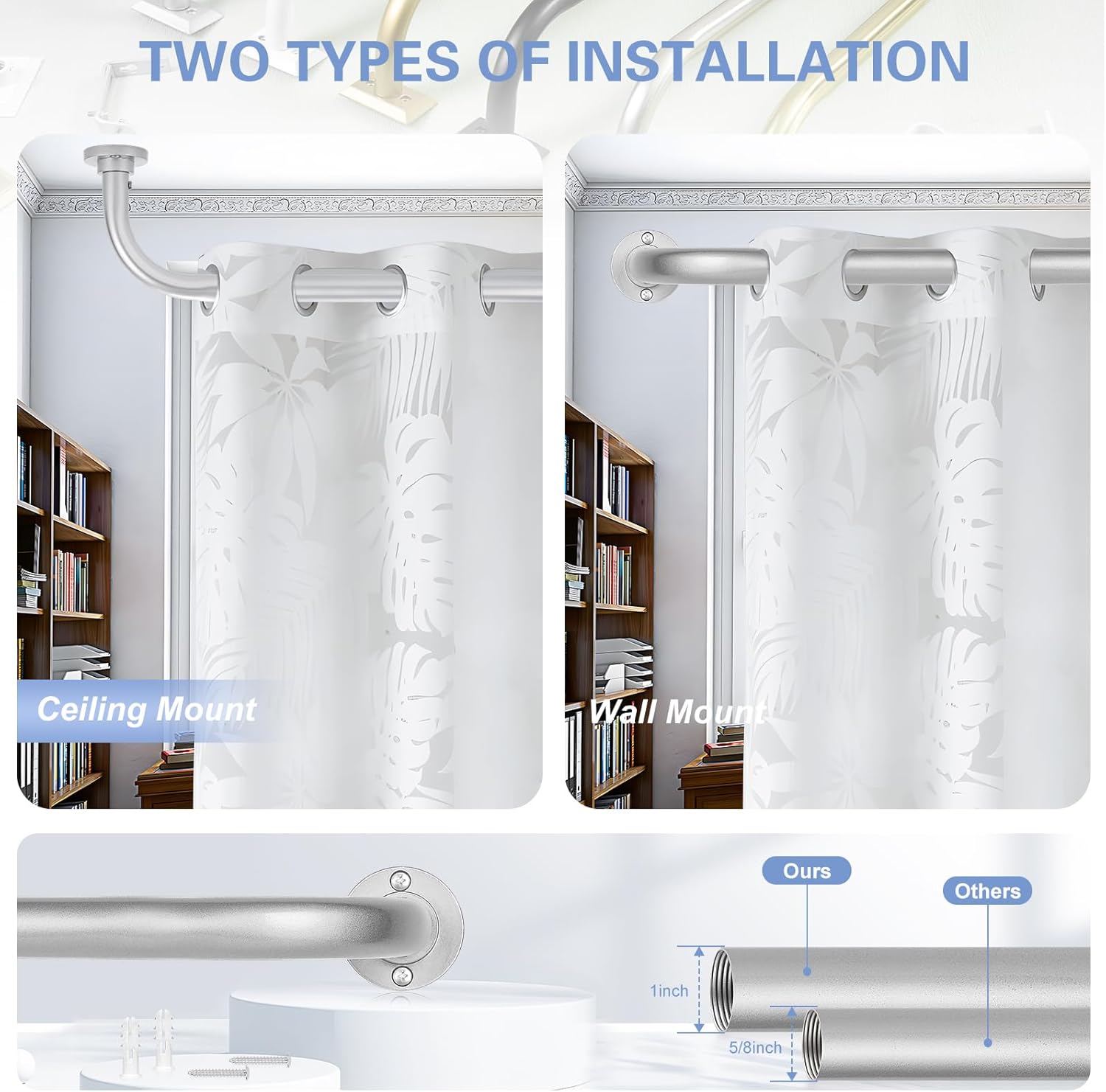 Silver Wrap Around Curtain Rods 48 to 90 Inch:Blackout Heavy duty Adjustable Window Curtain Rod for Bedroom,Industrial Darkening Curved French Metal Single Drapery Rods Easy Install,Nickel