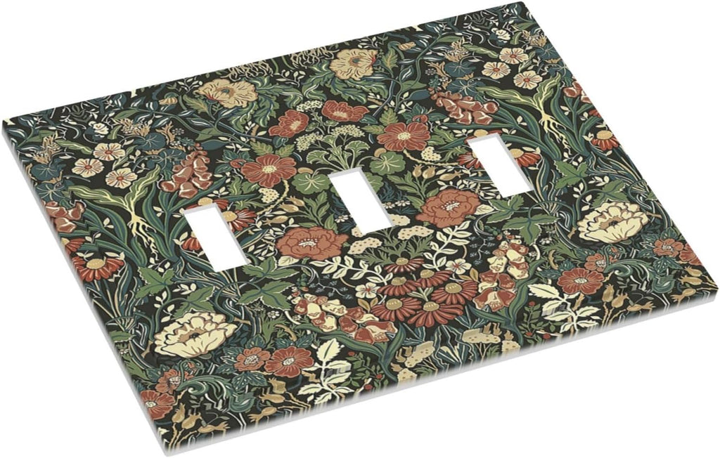 Decorative Switch Plates Vintage Dark Floral William Morris Green Flower 3 Gang Wall Plate Triple Toggle Light Switch Cover Faceplate Electrical Wall Panels for living Room Home Decor