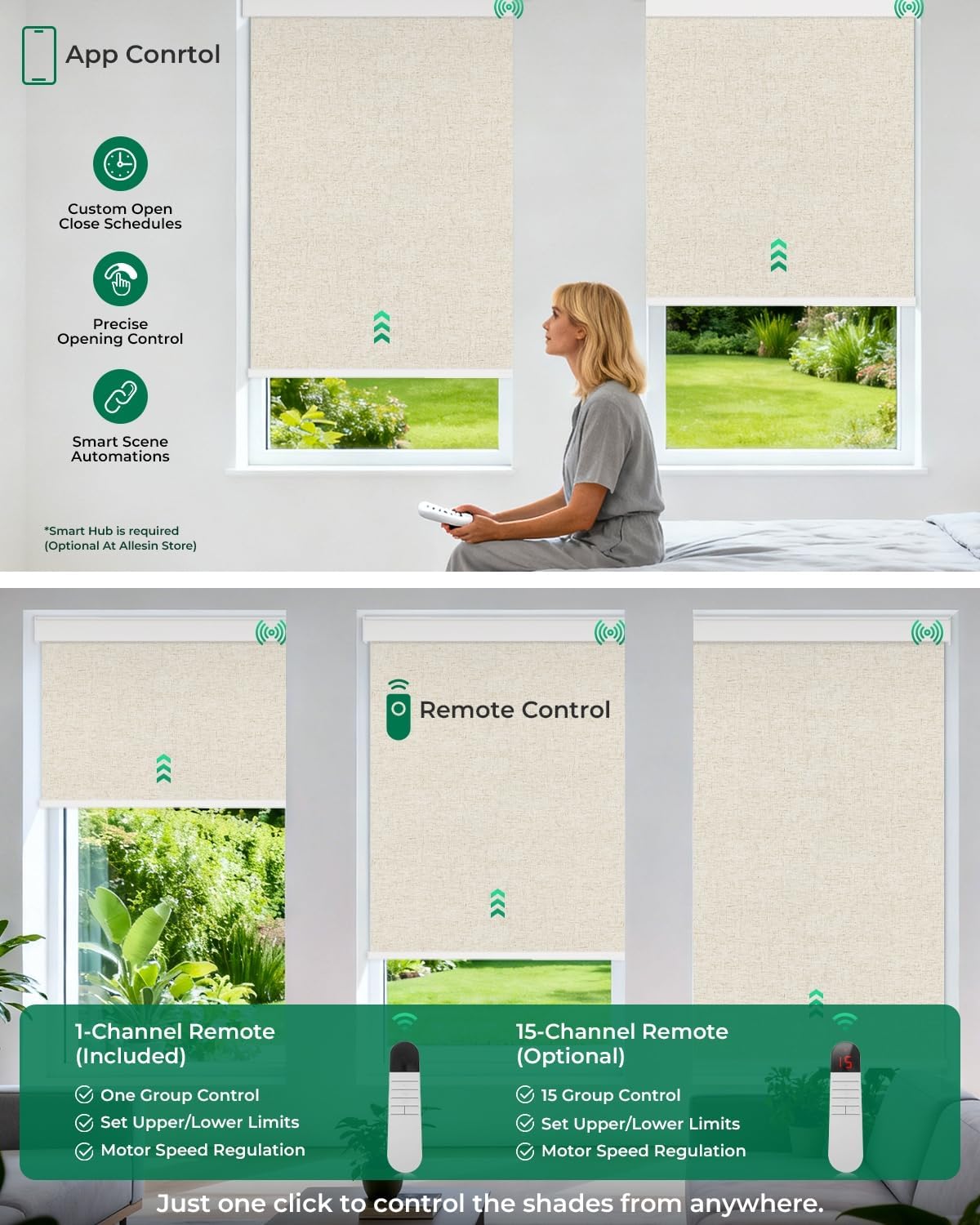 Allesin Motorized Roller Blinds – Rechargeable Smart Shades with Remote & Quiet Motor, Top/Bottom Aluminum Rails, Alexa-Compatible for Window (22" W x 72" H, 100% Blackout Sand-Linen)