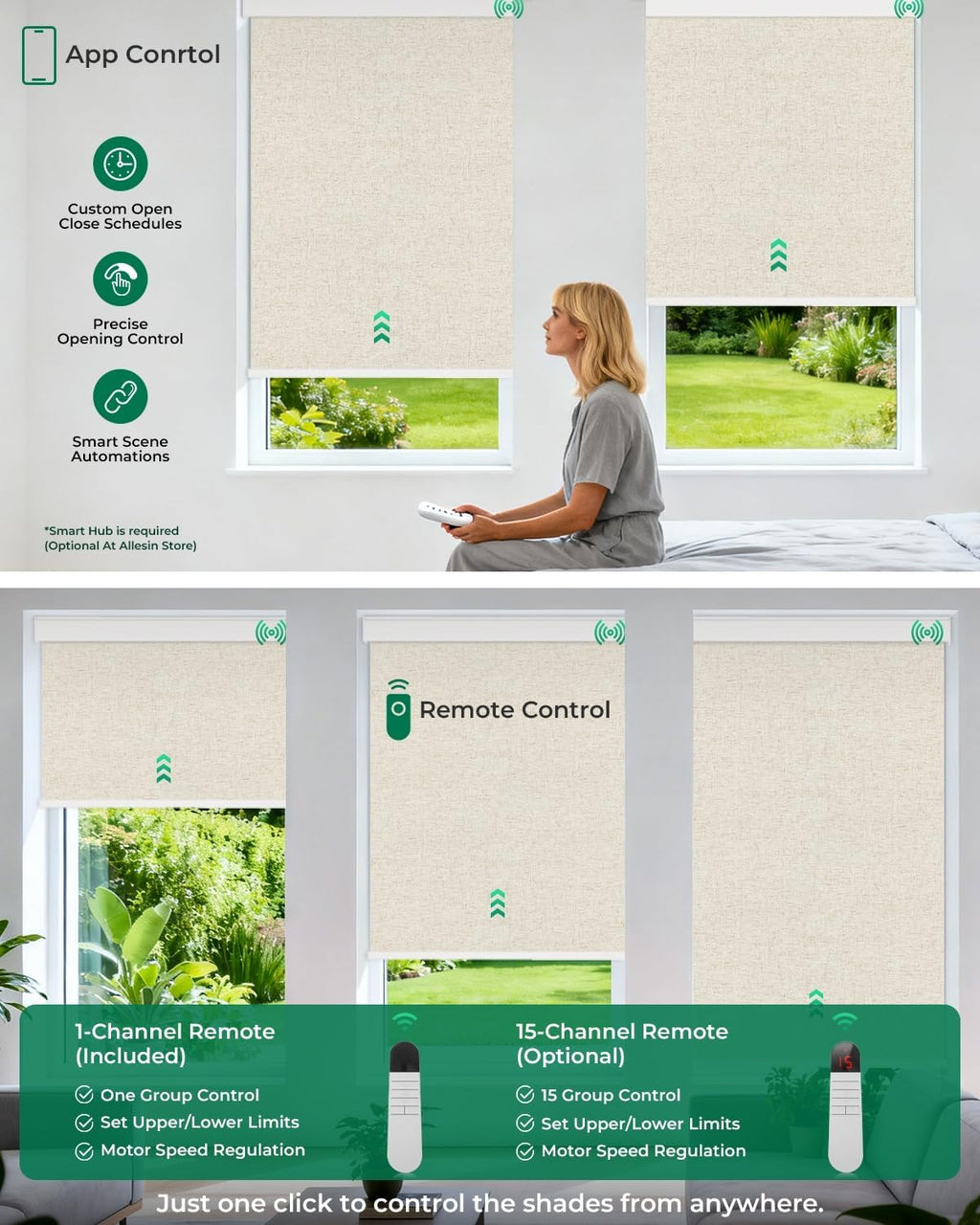 Allesin Motorized Roller Blinds – Rechargeable Smart Shades with Remote & Quiet Motor, Top/Bottom Aluminum Rails, Alexa-Compatible for Window (35" W x 72" H, 100% Blackout Sand-Linen)