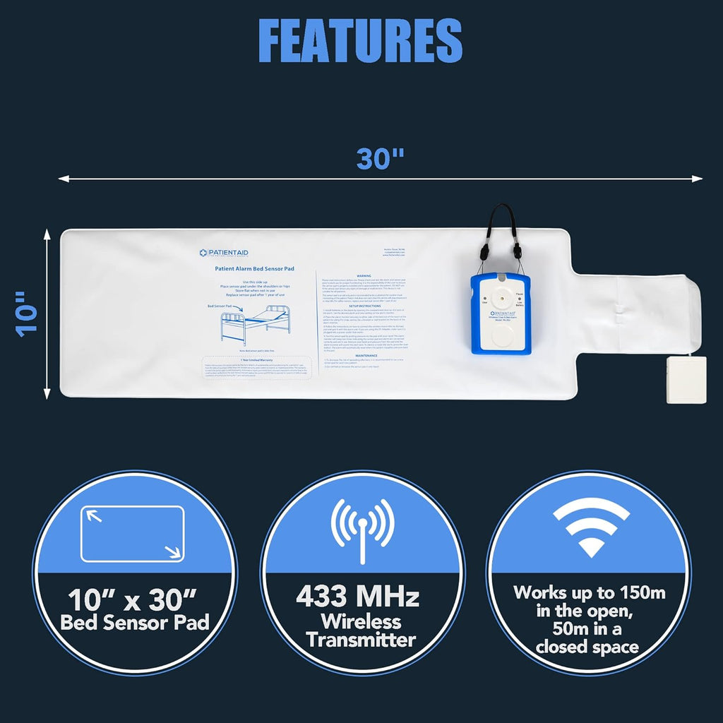 Patient Aid Patient Wireless Bed Alarm 10"x30" Mattress Pad with Motion Sensor, 3 Chime and Mounting Options, AC Adapter, Fall Prevention System for Seniors - Bed Alarms for Elderly - Mailbox Alert