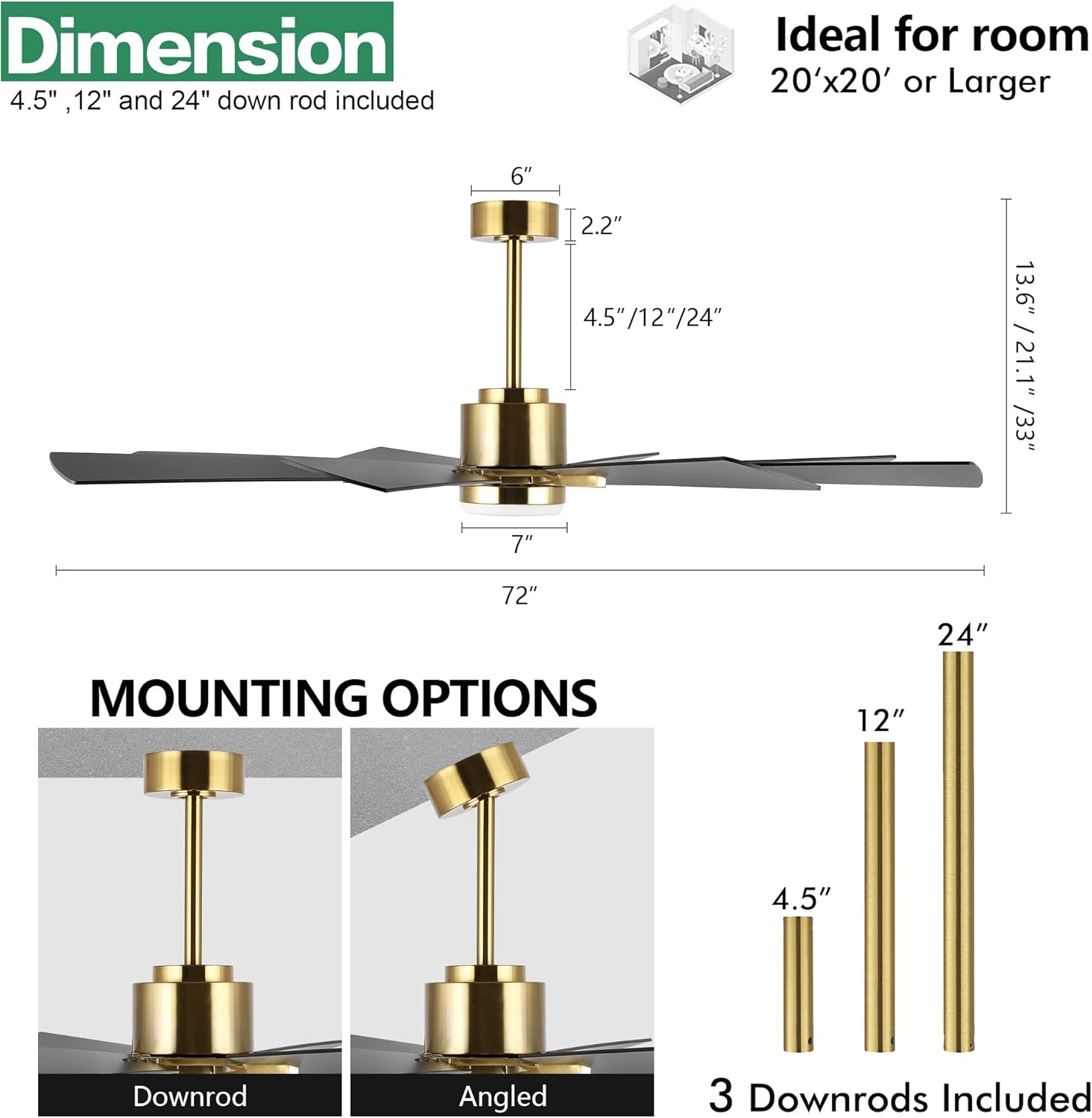 WINGBO 72" DC Ceiling Fan with Lights and Remote, Gold and Black Ceiling Fan w/ 3 Downrods, 8 Plywood Blades, 6-Speed Reversible DC Motor, Modern Ceiling Fans Indoor for Kitchen Bedroom Living Room