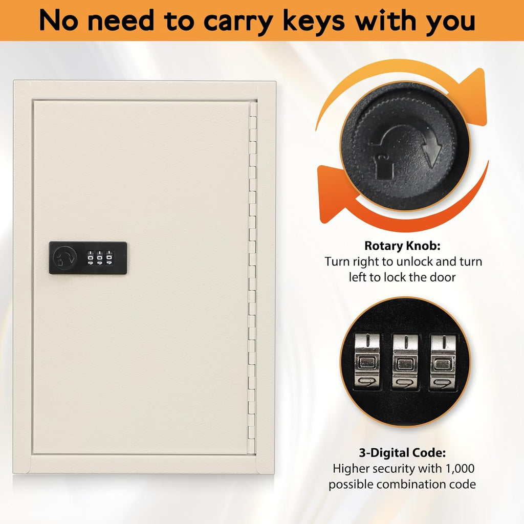 KYODOLED Key Storage Lock Box with Code, Locking Key Cabinet, 40 Key Holder Wall Mount with Combination Lock, Hooks & Tags Labels for Home, Office, Business, 2.5" D x 8.1" W x 12.1" H, White