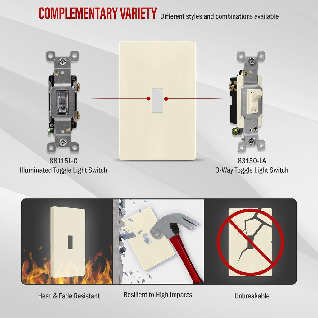 ENERLITES Screwless Toggle Switch Wall Plate, Child Safe Light Switch Cover, Standard Size 1-Gang 4.68" x 2.93", Unbreakable Polycarbonate Thermoplastic, UL Listed, SI8811-LA, Glossy, Light Almond
