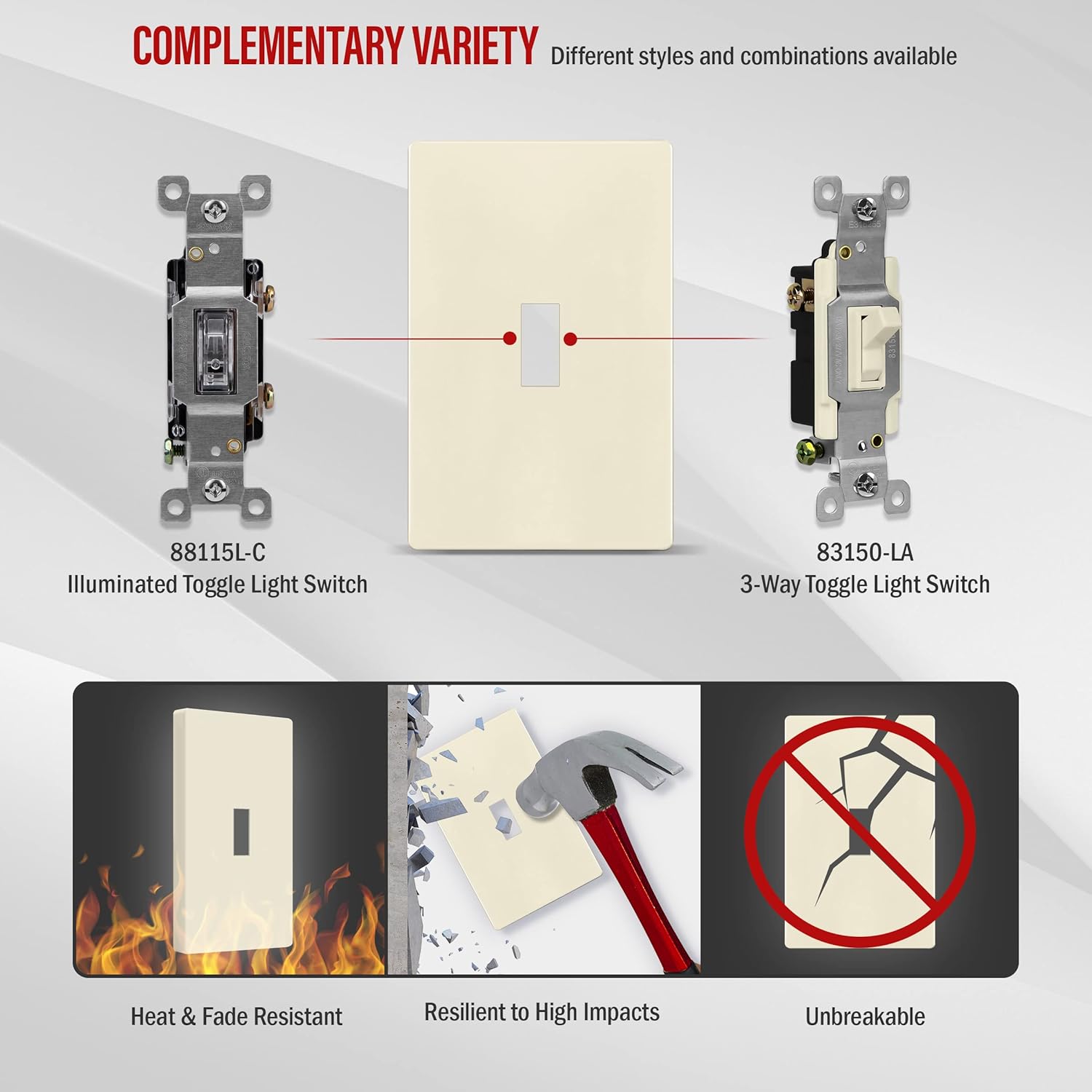 ENERLITES Screwless Toggle Switch Wall Plate, Child Safe Light Switch Cover, Standard Size 1-Gang 4.68" x 2.93", Unbreakable Polycarbonate Thermoplastic, UL Listed, SI8811-LA, Glossy, Light Almond