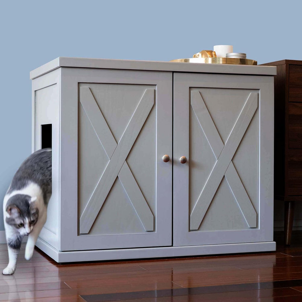 THE REFINED FELINE Cat Litter Box Enclosure Cabinet, Farmhouse, Smoke Gray, Adjustable Levelers, XLarge, Hidden Litter Cat Furniture with Drawer