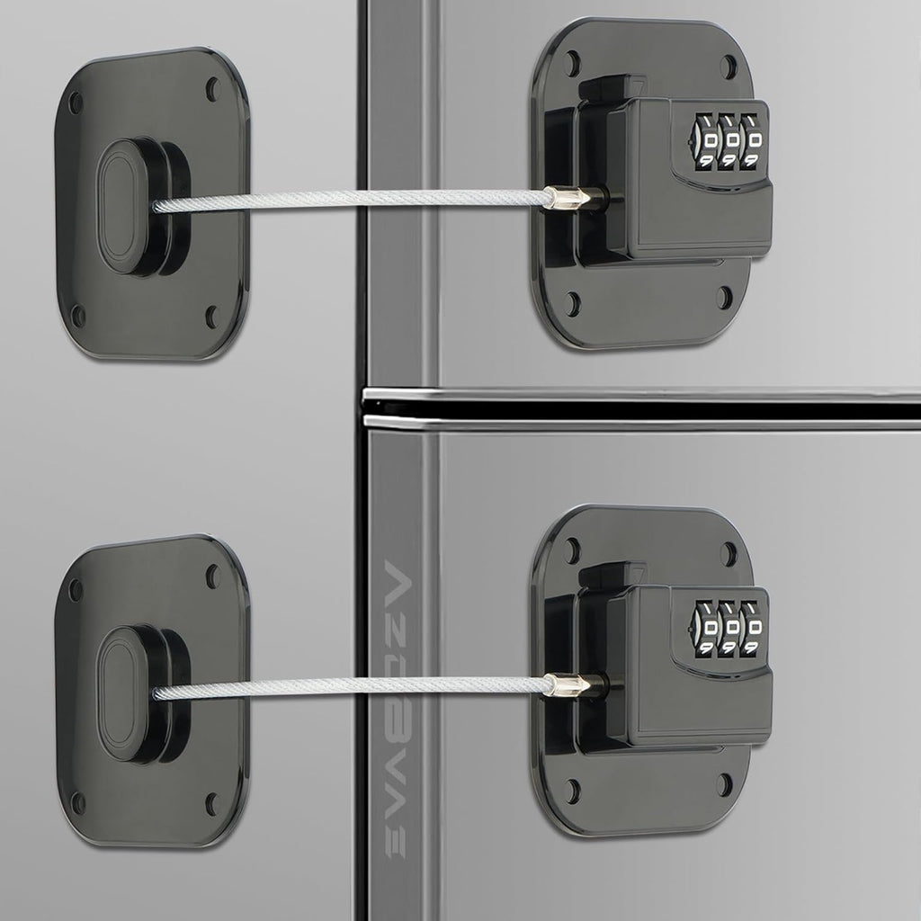 Refrigerator Lock, Heavy Duty Fridge Lock, Combination Lock for Fridge, Cabinets, Window, Drawers and Child Safety Keep Cat Away No Drilling, Easy Install, No Keys Needed, 2 Pack, Black