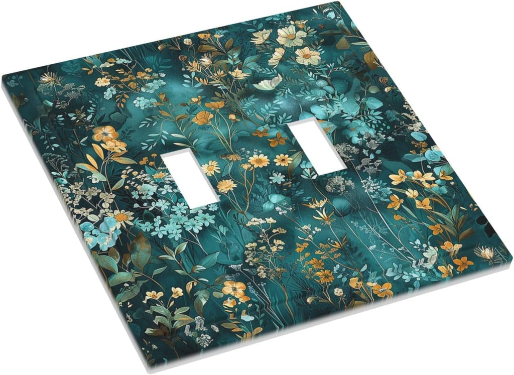 Decorative Switch Plates Green Leaf Floral Boho Golden Flower Plant 2 Gang Double Toggle Outlet Light Switch Cover Wall Plate Electrical Faceplate For Bed Room Cabin Decor