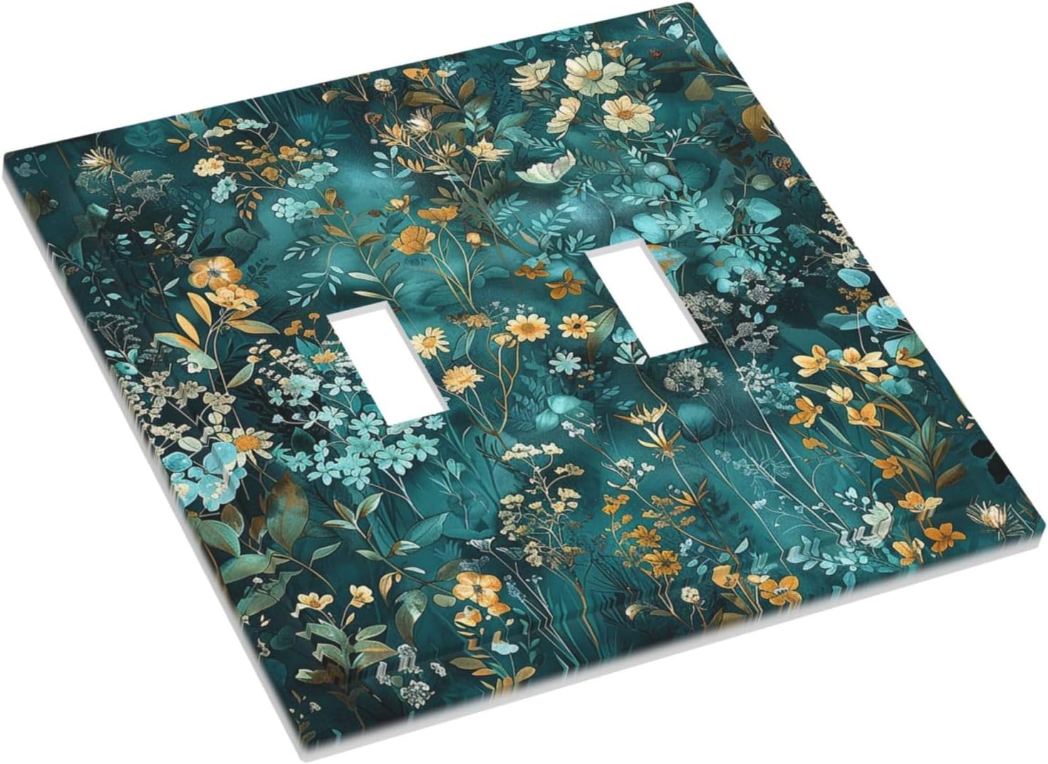 Decorative Switch Plates Green Leaf Floral Boho Golden Flower Plant 2 Gang Double Toggle Outlet Light Switch Cover Wall Plate Electrical Faceplate For Bed Room Cabin Decor