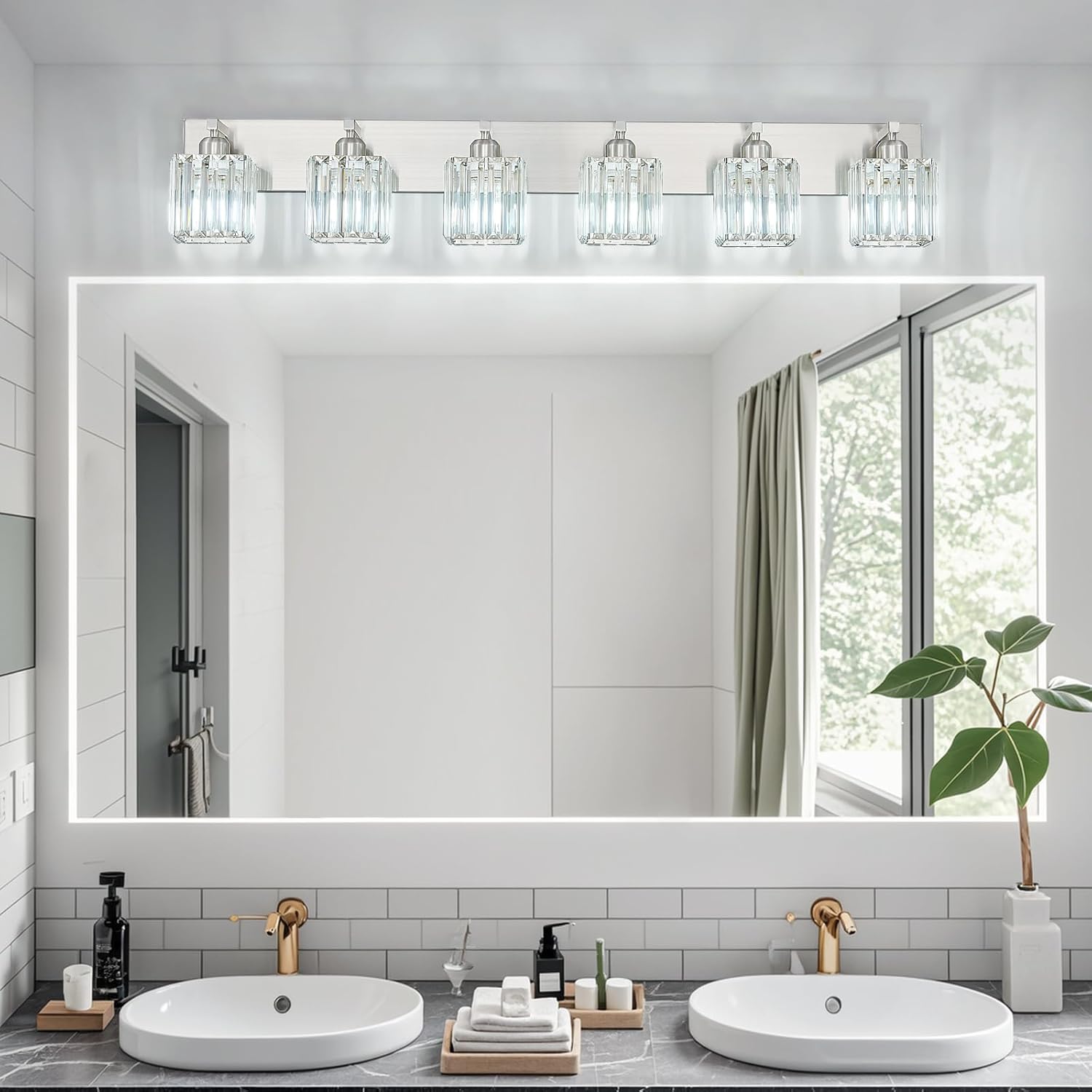 Modern Vanity Light 6-Lights Brushed Nickel Vanity Light Crystal Bathroom Wall Light Bathroom Light Fixtures