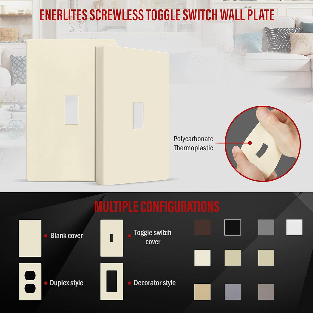 ENERLITES Screwless Toggle Switch Wall Plate, Child Safe Light Switch Cover, Standard Size 1-Gang 4.68" x 2.93", Unbreakable Polycarbonate Thermoplastic, UL Listed, SI8811-LA, Glossy, Light Almond