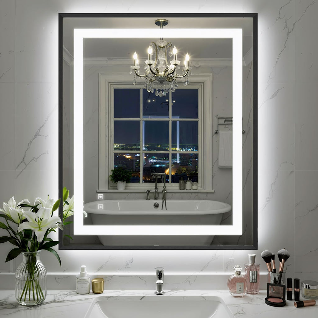 30X36 Inch LED Bathroom Mirror with Lights, Black Frame Frontlit+ Backlit Bathroom Vanity Mirror for Wall, Ultra-Clear Tempered Glass, Shatter-Proof, Anti-Fog and Memory Function, ETL Listed