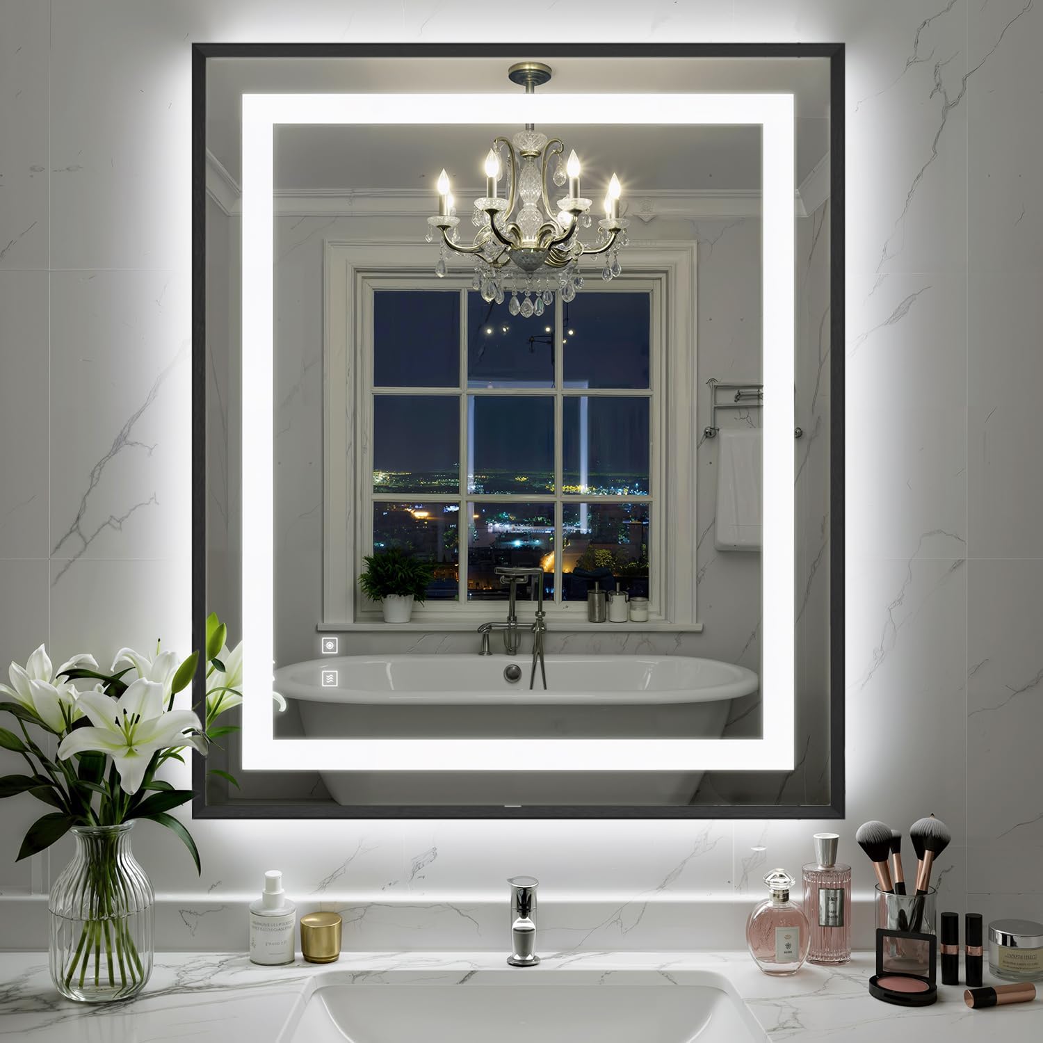 30X36 Inch LED Bathroom Mirror with Lights, Black Frame Frontlit+ Backlit Bathroom Vanity Mirror for Wall, Ultra-Clear Tempered Glass, Shatter-Proof, Anti-Fog and Memory Function, ETL Listed