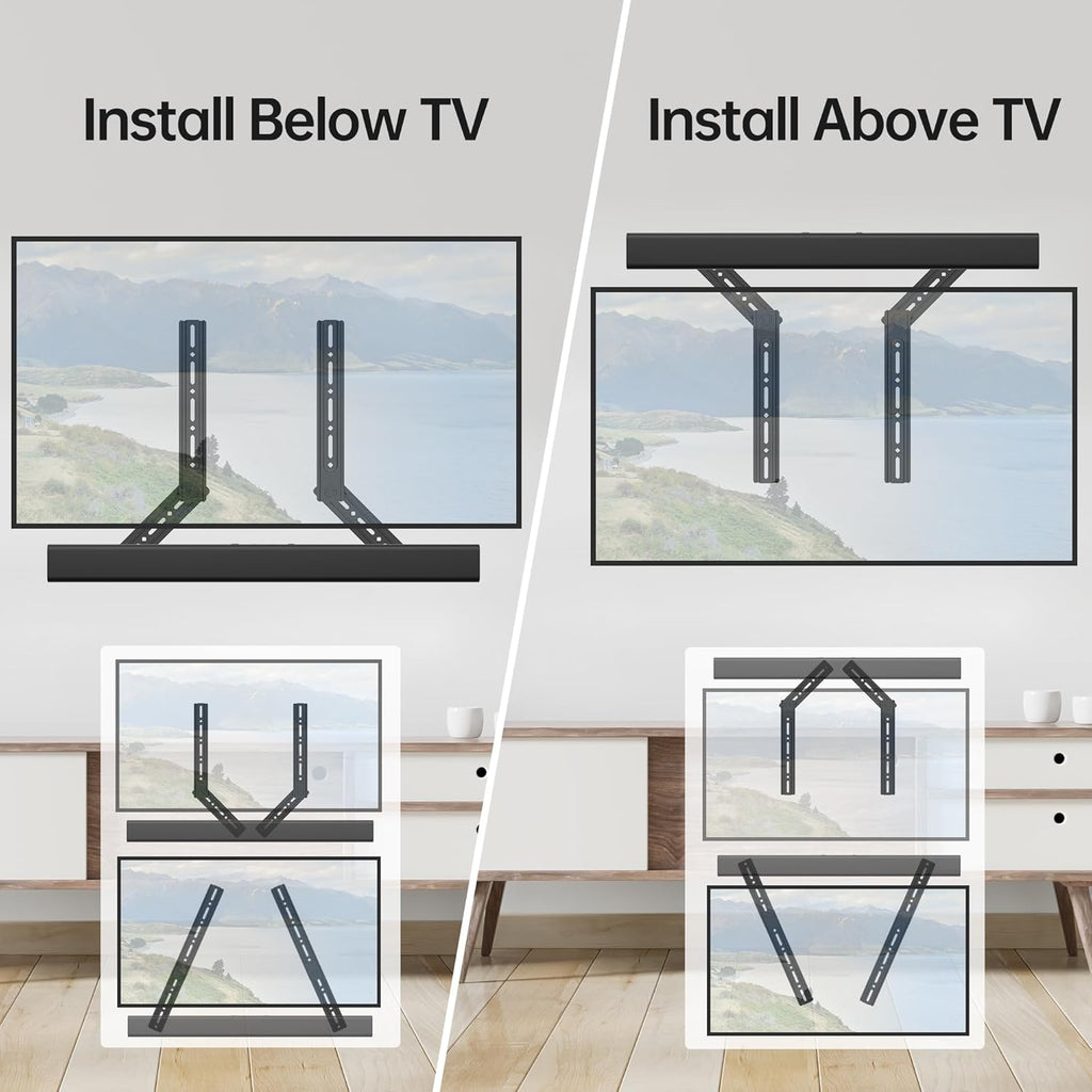 USX MOUNT Soundbar Mount, Sound Bar Mount for Mounting Above or Under TV, Fits Most of Sound Bars Up to 16 Lbs, with Detachable Extension Plates