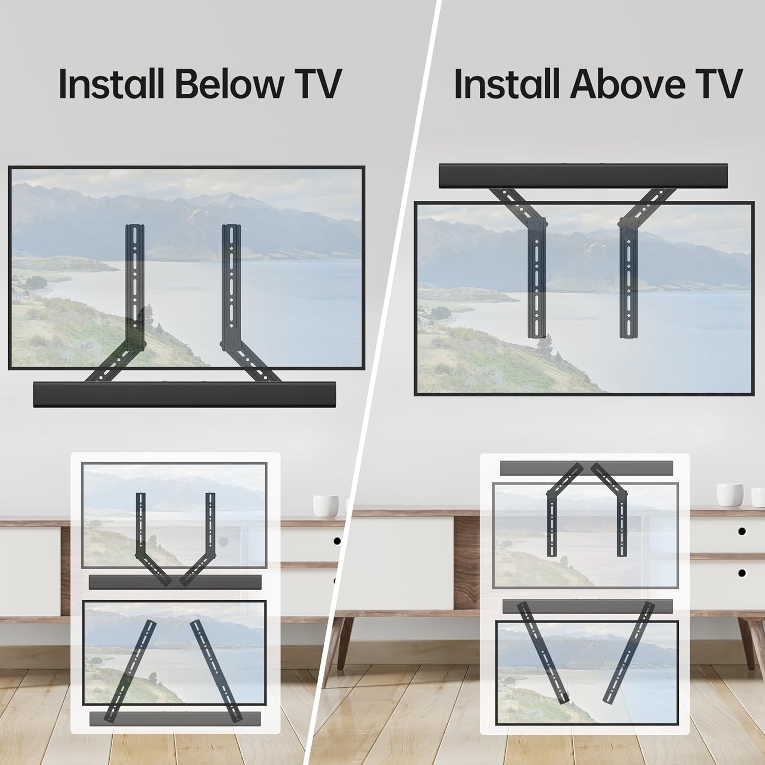 USX MOUNT Soundbar Mount, Sound Bar Mount for Mounting Above or Under TV, Fits Most of Sound Bars Up to 16 Lbs, with Detachable Extension Plates