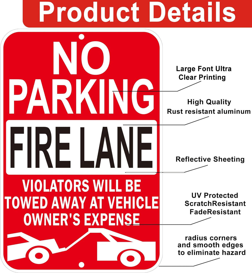 No Parking Fire Lane Signs, Red, Reflective Aluminum, 12 x 18 Inches, Weather Resistant, Wall Mount, 2 Pack