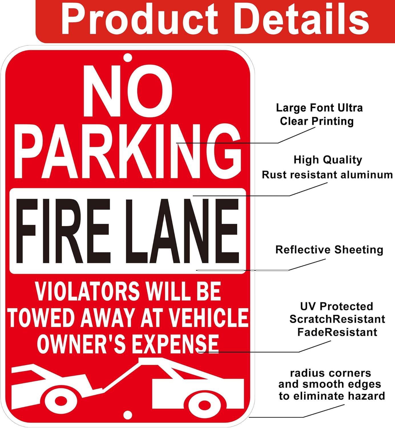 No Parking Fire Lane Signs, Red, Reflective Aluminum, 12 x 18 Inches, Weather Resistant, Wall Mount, 2 Pack