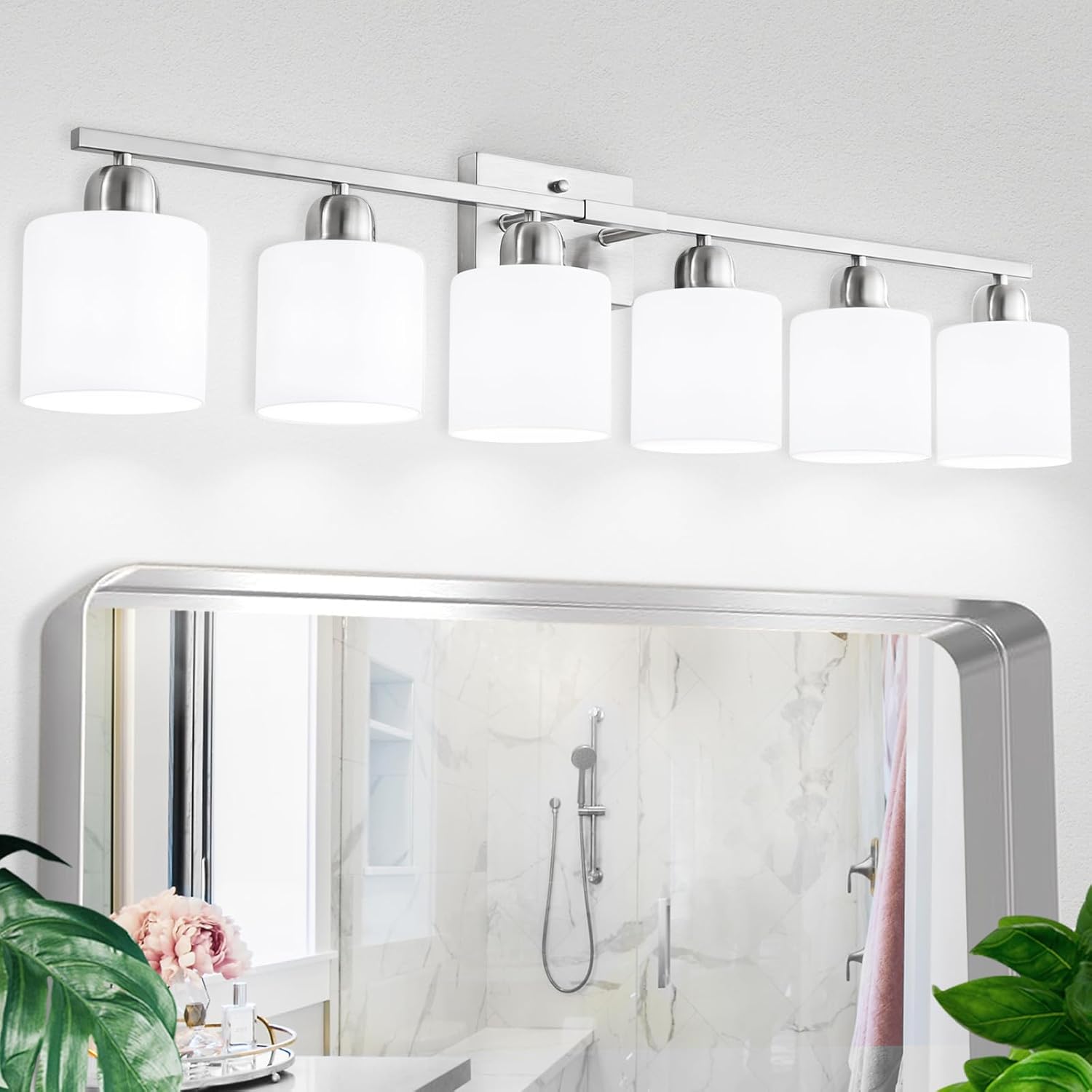 Brushed Nickel Vanity Light for Large Mirror, 6 Light Bathroom Lighting Fixtures Over Mirror with Milky White Frosted Glass Shades, 38 inch Bathroom Light for Mirrors, E26 Socket