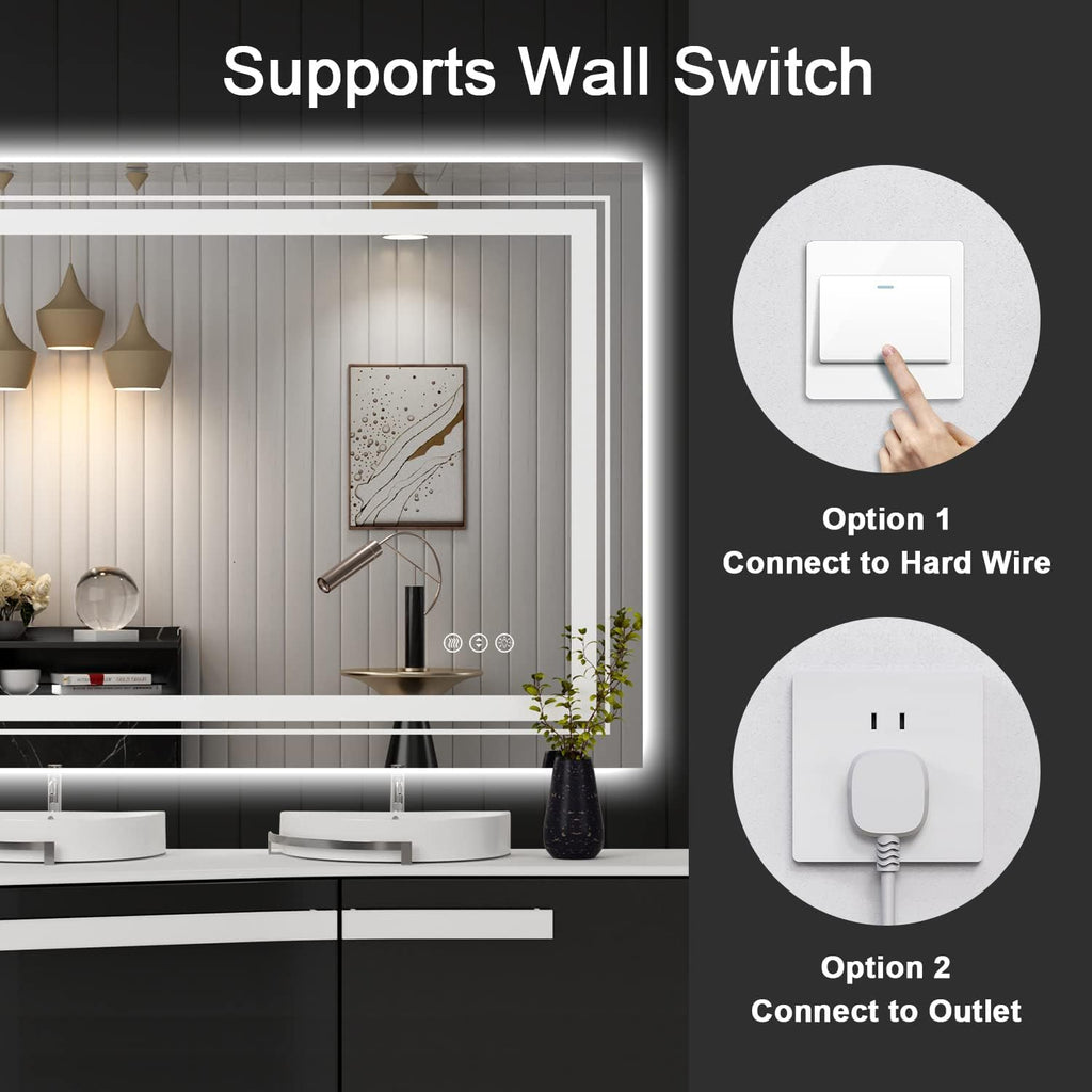 LED Bathroom Mirror, 40"x32" with Front and Backlit, Anti-Fog, Bathroom Vanity Mirror for Wall, Memory Function, Stepless Dimmable, Tempered Glass (Horizontal/Vertical)