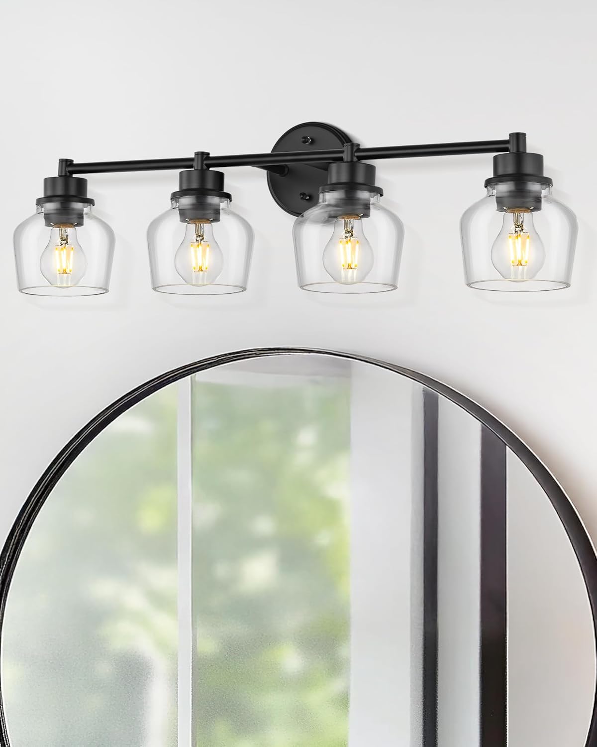 Emak 4-Light Bathroom Vanity Light, 29 Inch Black Bathroom Light Fixtures Over Mirror with Clear Glass Shade, Modern Farmhouse Vanity Lights for Mirror, Bath, VL122-BK-CG-4
