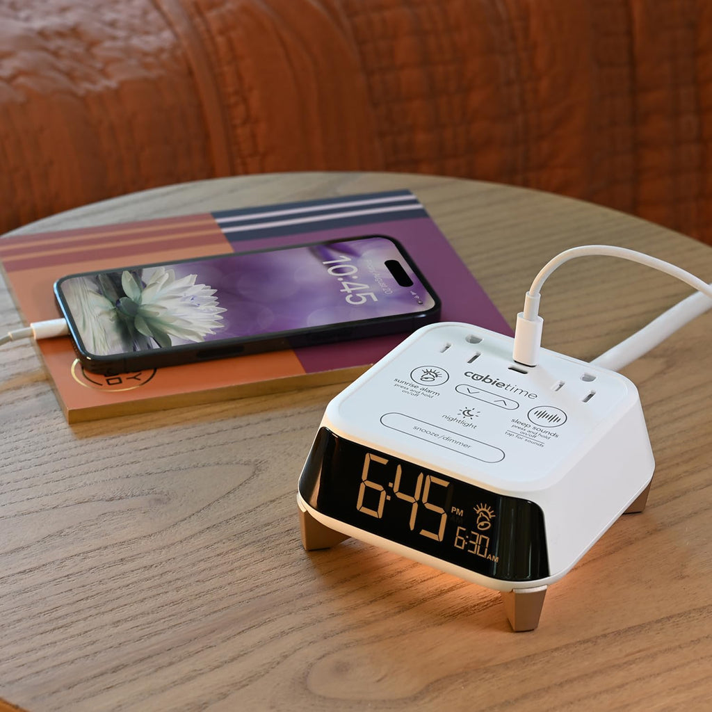 Brandstand CubieTime Zen White | Alarm Clock Charger with White Noise and Sunrise Alarm | 2 USB-C Ports | 2 Tamper Resistant Outlets |Night Light