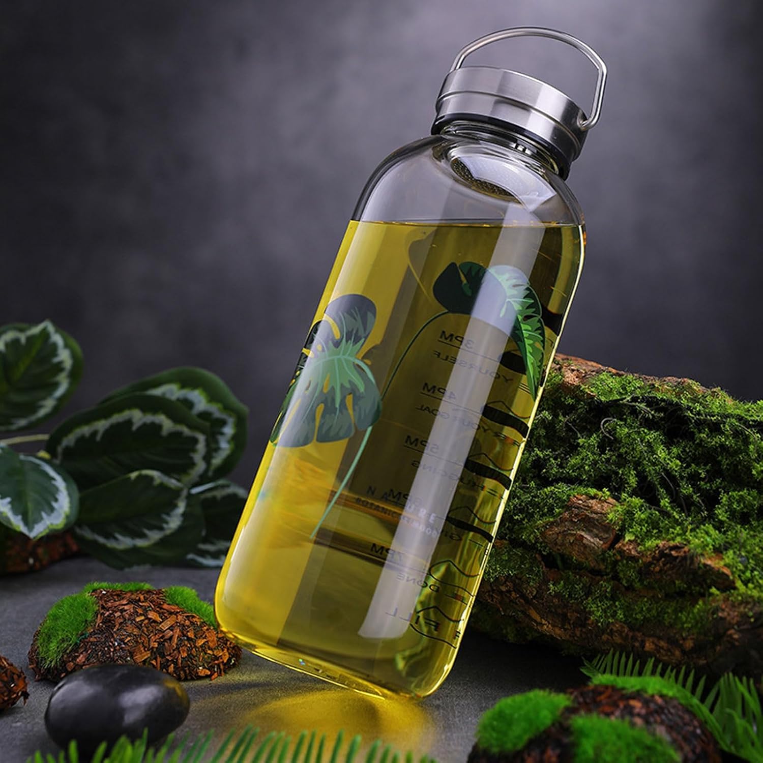 50 oz Glass Water Bottle with Time Markers – 1500ml Borosilicate Sport Bottle, Stainless Steel Handle & Strainer, BPA-Free, Leak-Proof (Leaf Green, Silver Lid)