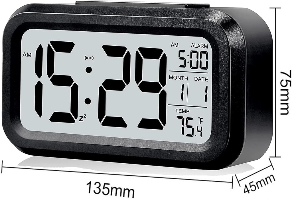 Digital Alarm Clock with LCD Display, Desk Smart Electronic Small Clock with Indoor Temperature, Date, Light Sensor, Backlight, Battery Operated, for Home Bedroom Kids Office (Black)
