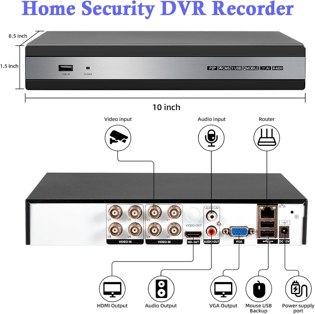 8CH DVR Recorder for Home Security Camera System, 6 in 1 DVR for Security Camera/AHD/TVI/CVI/CVBS/IP Surveillance, with 500GB Hard Drive, Max to 16TB, Mobile APP & PC Remote