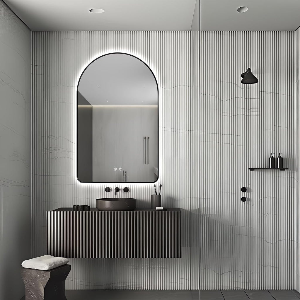Niccy Arched LED Lighted Bathroom Mirror, 48x30 Inch Backlit Vanity Bathroom Mirror with Lights Brushed Black Framed Wall Mounted Mirrors with 3 Color Shatterproof Arch Smart Fog Free Mirror