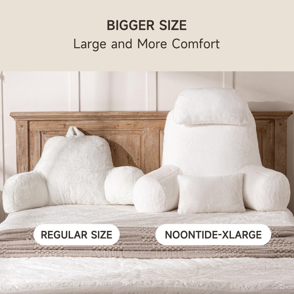 NOONTIDE Reading Pillow for Sitting up in Bed and Couch,32" X-Large Back Pillow for Adult & Teens with Soft Adjustable Neck Roll Backrest Pillow,Washable Cover,Watching TV/Gaming/Relaxing(FurryWhite)