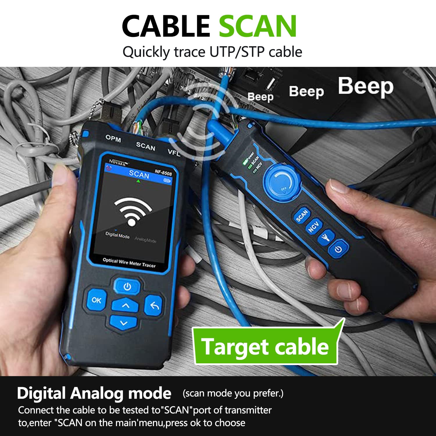 YILTION NF-8508 Network Cable Tester with Optical Power Meter VFL, RJ11 RJ45/PoE Tester/CAT5 CAT6/length Measurement, Telephone line Trace Meter with Headset, Network Tools