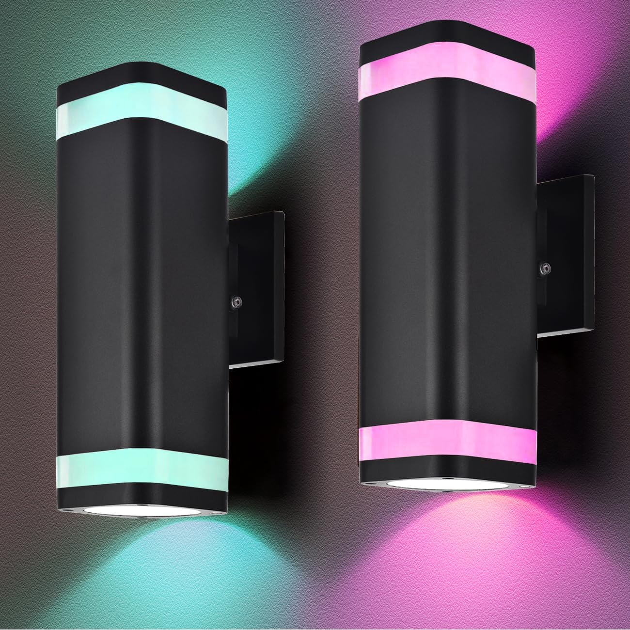 Smart RGB Outdoor Wall Lights, 2 Pack Color Changing Porch Lights, Cylinder Up and Down Lights Outdoor Wall Sconce, Exterior Lighting Fixture Compatible with Smart Life & Tuya Smart
