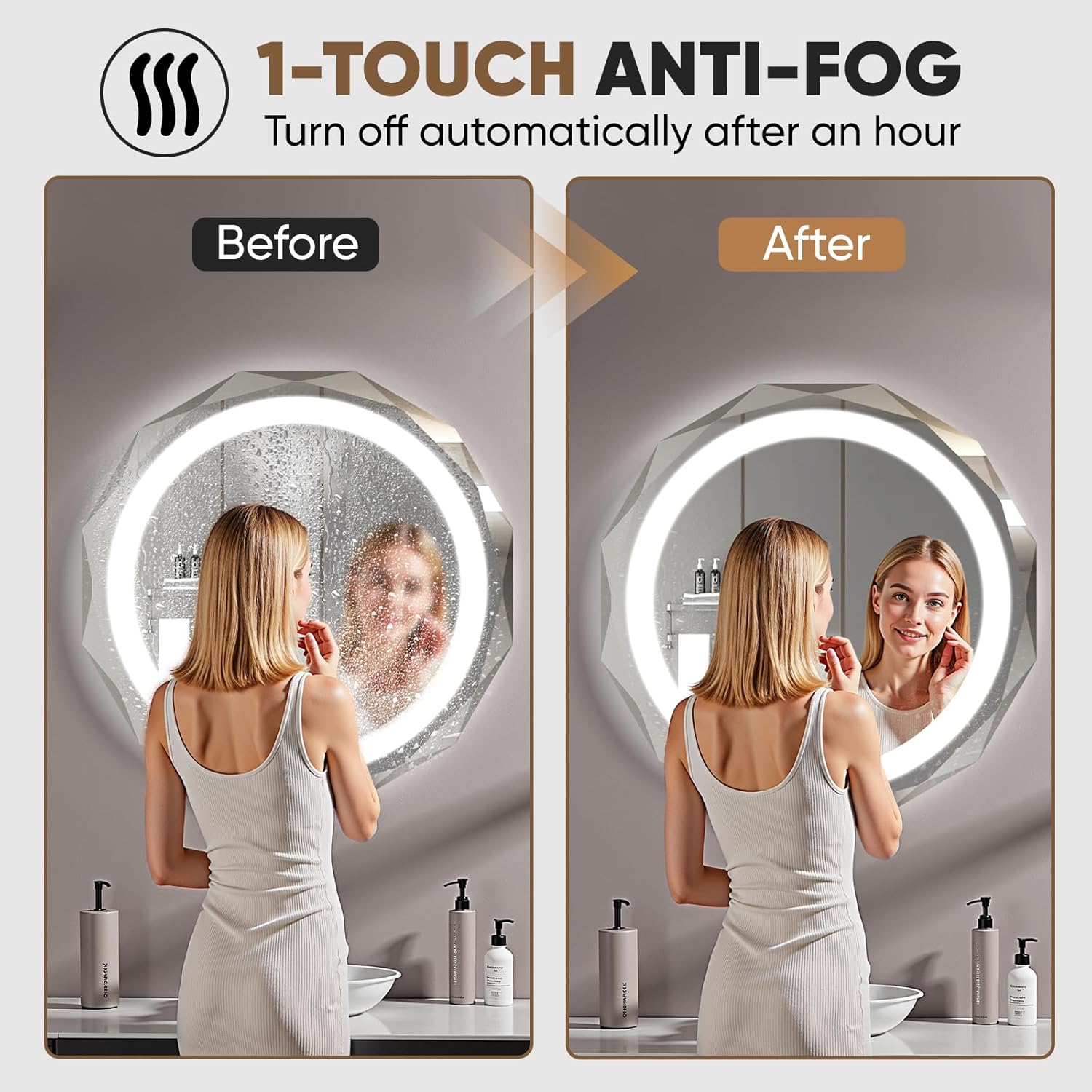 32 Inch Round LED Bathroom Mirror with Lights, Frameless Vanity LED Mirror for Bathroom with Beveled Edge, Backlit Anti-Fog, Dimmable, 3 Colors, Memory Function, Tempered Glass, Shatter-Proof