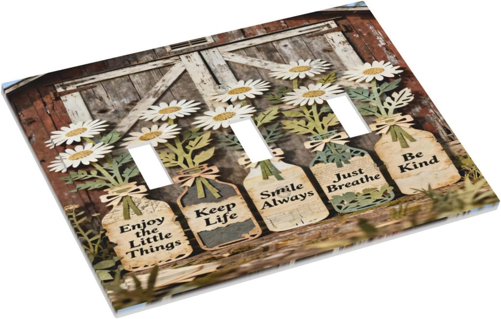 Rustic Daisy Barn Door Flowers 3 Gang Triple Toggle Decorative Light Switch Covers Electrical Faceplate Switch Plates for Bathroom Kitchen Home