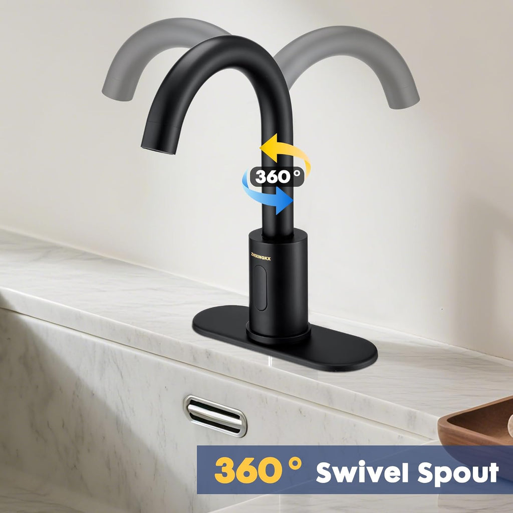 Touchless Bathroom Faucets for 1 or 3 Hole, Tall Body Automatic Bathroom Sink Faucets with Deck Plate,Motion Sensor Commercial Faucets for Bathroom&Kitchen,360° Swivel Spout,Black