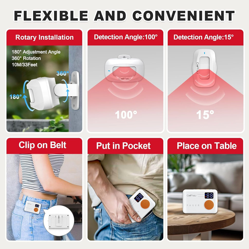 CallToU Bed Alarm and Fall Prevention for Elderly/Dementia/Patients Wireless Caregiver Pager Motion Sensor Detector Alert Bed Alarm for Elderly Adults with Vibration Digital Display Low Battery Remind