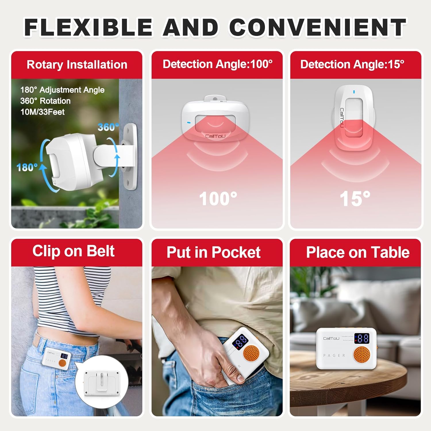 CallToU Bed Alarm and Fall Prevention for Elderly/Dementia/Patients Wireless Caregiver Pager Motion Sensor Detector Alert Bed Alarm for Elderly Adults with Vibration Digital Display Low Battery Remind