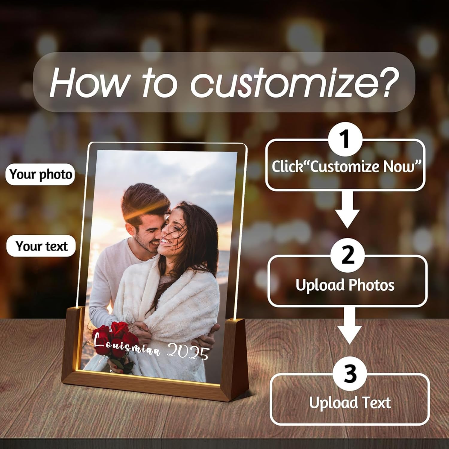 LOUISMIAA Customized Picture Frames with Night Light,Decorative Plaque Anniversary Birthday Mother’s Day Father’s Day Valentine’s Personalized Gifts for Boyfriend Girlfriend Couple Same Day Shipping